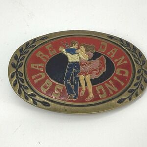 VINTAGE ADM SQUARE DANCING BELT BUCKLE RED ENAMEL Western
